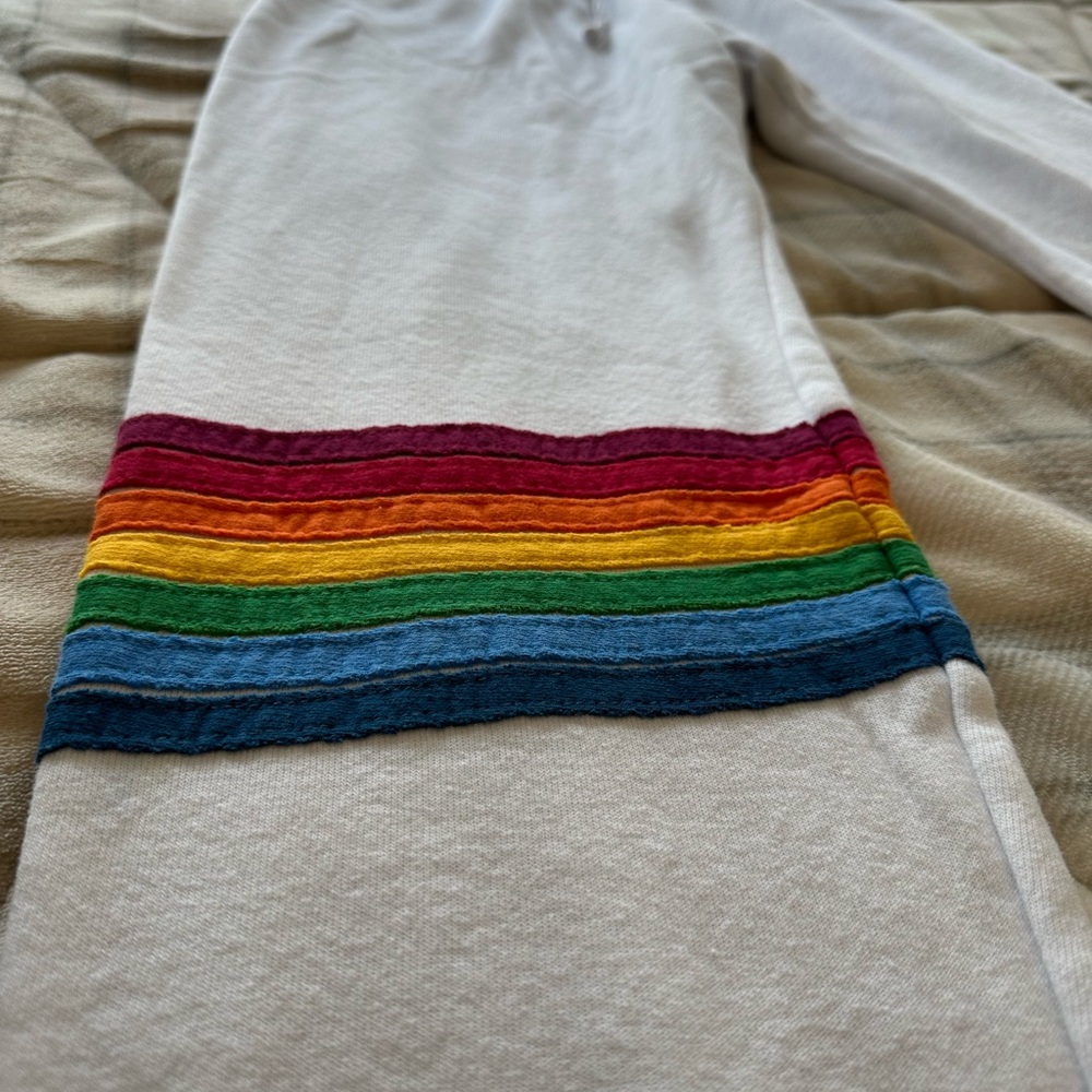 Aviator Nation White Terry Joggers with Rainbow Stripes on Leg - Picture 2 of 5